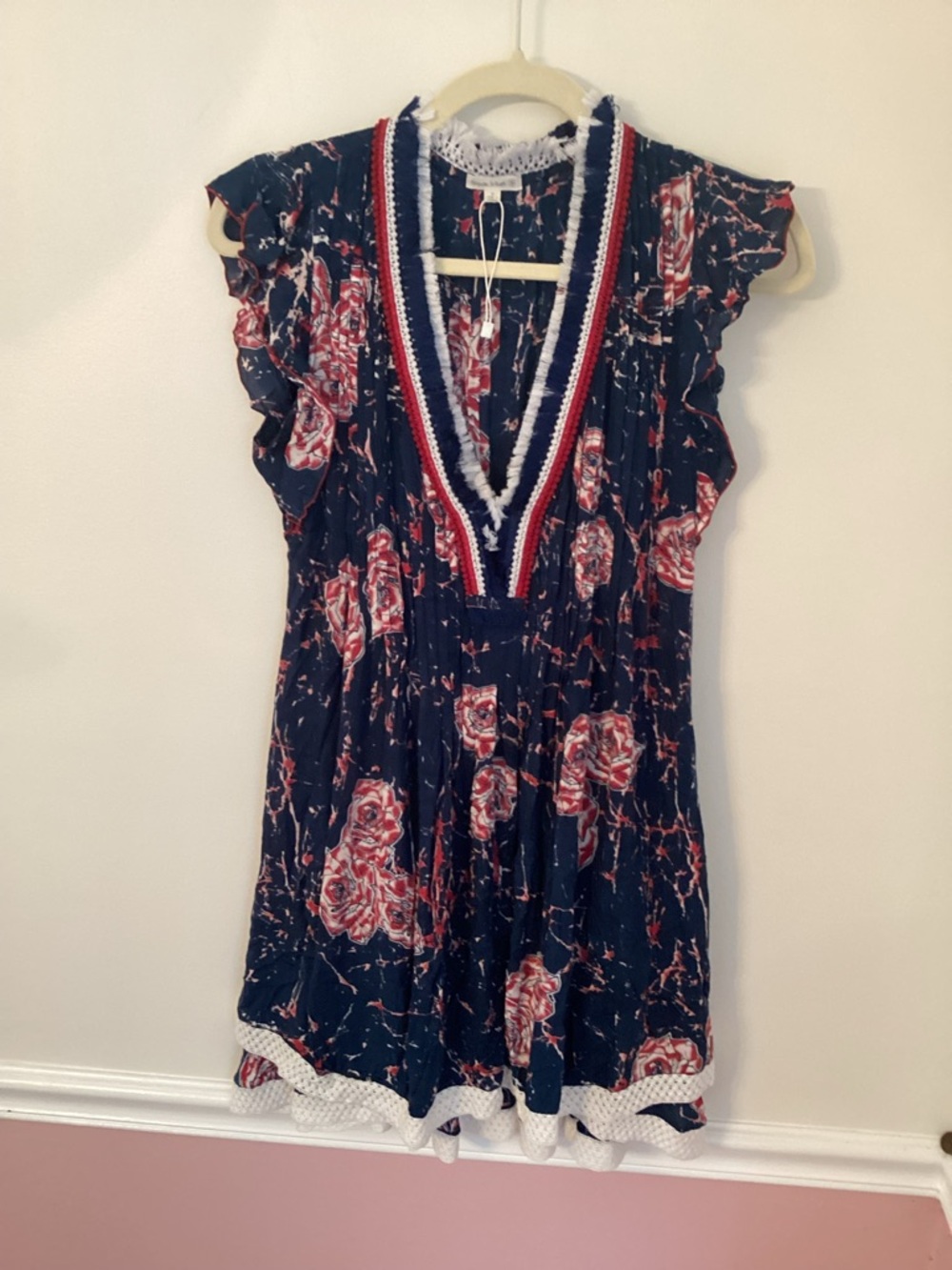 Poupette St. Barth Navy Floral V-Neck Dress with Red and White Trim - Size small